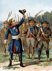 Henri du Vergier, graaf van La Rochejaquelein (of Verger de La Rochejacquelein) (1772-1794), hoofd soldaat. Hij heeft een marker op zijn borst.