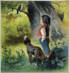 Henri observeert een merel op een tak in het bos en denkt na over zijn leven als hij een vogel was. Chromolithografie uit 