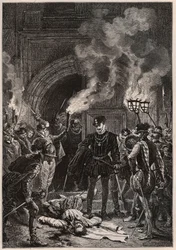 Hendrik I van Lotharingen (1549-1588), hertog van Guise, aanschouwt bij het aanbreken van de Bartholomeusnacht, 24 augustus 1572, het lijk van Gaspard II de Coligny (1519-1572) (Sint-Bartholomeus) - Coligny, Franse protestantse admiraal en religieus