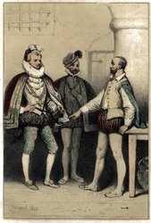Hendrik III (1551-1589), koning van Frankrijk, bezoekt Bernard Palissy, keramist, opgesloten in de Bastille. in "Scenes de la vie des hommes célèbres" gravure in twee kleuren door Valerio. 1843