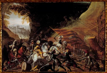 Hendrik IV (1589-1610) aan het hoofd van zijn cavalerie. Anoniem Frans schilderij uit de 17e eeuw. Olie op hout. Dim: 0.35 X 0.52m. Pau, Musee Du Chateau