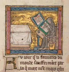 Kluizenaar schrijft aan een bureau, miniatuur uit "Estoire del Saint Graal, La Queste del Saint Graal, Morte Artu", c.1315-25