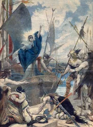 Heldinnen van Frankrijk: St. Genevieve (423-512). Les héroïnes de France - Barbaarse invasies - Sainte Genevieve redt de stad Parijs. Illustratie voor Le Petit Journal