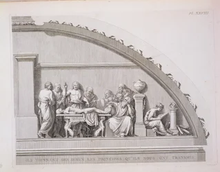 Hippocrates (ca. 460 v.Chr.-ca. 377 v.Chr.) Onderwijzend, uit Een Beschrijving van de School voor Chirurgie in Parijs, gepubliceerd in 1780
