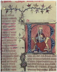 Geïllustreerde initiaal R met keizer Karel de Grote (742-814)