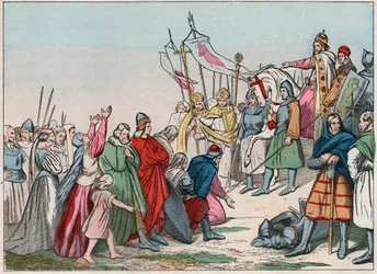 Geschiedenis van Gallië in de Middeleeuwen: Germaanse Saksen knielen voor koning Karel de Grote, winnaar van de oorlogen. Gravure uit het einde van de 19e eeuw in 