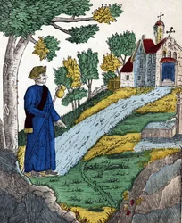 Geschiedenis van de vier zonen Aymon; Maugis, nadat hij Karel de Grote gevangen had genomen, ging naar een kluizenaarswoning om daar boete te doen (spinal afbeelding 19e eeuw)