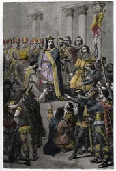 Hugo Capet tot koning gekozen - Kroning van Hugo Capet (ca. 941-996), koning van Frankrijk, op 3 juli 987 te Noyon, door Adalbero (ca. 925-990), aartsbisschop van Reims.
