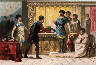 Hugues de Grote (897-956) kroont Raoul of Rodolphe van Bourgondië (circa 890 - 936), Hertog van Bourgondië en Koning van Frankrijk. Chromolithografie uit de late 19e eeuw.