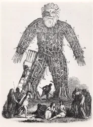 Menselijke offerande door Gallische Druïden in een Wicker Man, uit Magasin Pittoresque, 1833