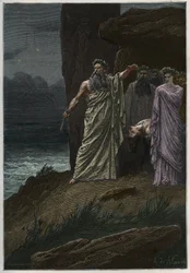 Menselijke offerande door de druïde na Alphonse de Neuville - Druïden die menselijke offers brengen - gravure uit 