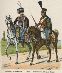 Huzaren 1e vendemiaire An XII (24 september 1803): Officier, 2e huzaren en 9e huzaren in grote kledij in 1806. Plaat uit het boek Les Uniforms de l