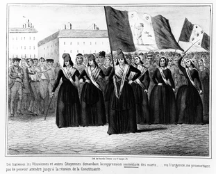Icarianen en Vesuvians eisen de onmiddellijke onderdrukking van echtgenoten, uit een serie cartoons over de gebeurtenissen tijdens de Franse Revolutie van 1848, gepubliceerd in Parijs door Gosselin, 1848
