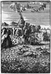 IJsland en walvisvangst, illustratie uit Beschrijving van het Universum door Allain Manesson Mallet, gepubliceerd Parijs, 1683