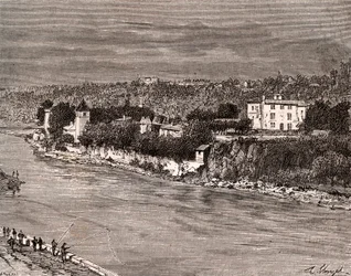 Ile Barbe in het midden van de Saone, in het 9e arrondissement van Lyon - gravure in 
