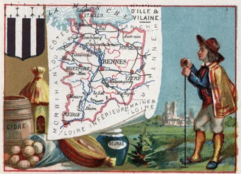 Ille-et-Vilaine, Bretagne, Frankrijk. Cider en boter. Serie over de Franse departementen. Chromolithografie "de geografische draad", circa 1920. Privécollectie