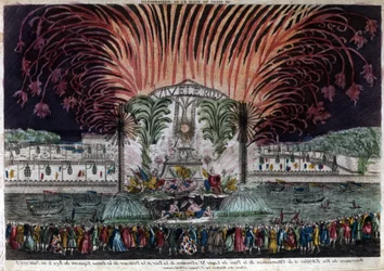 Verlichting en vuurwerk op de Place Louis XV in Parijs ter gelegenheid van de vrede en de onthulling van het ruiterstandbeeld van de koning op 22 juni 1763. Privécollectie.