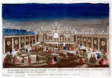 Verlichting ter viering van het huwelijk van Louis Auguste, dauphin van Frankrijk (Lodewijk XVI), met Aartshertogin Marie Antoinette, zus van de Keizer - gravure
