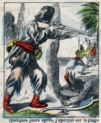 Illustratie voor het boek van Daniel Defoe Robinson Crusoe. Epinal afbeelding eind 19e eeuw