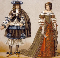 Illustratie voor de personages Alceste en Celimene in het toneelstuk "De Misanthrope" door Molière (gekleurde gravure)