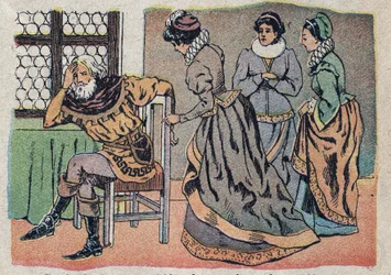Illustratie voor het sprookje Belle en het Beest: de koopman verdwaald in pijn. Gravure van Quinn imagery, circa 1890