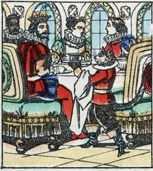Illustratie van het verhaal van Charles Perrault "De gelaarsde kat". Houtsnede van Imaging Pellerin - Epinal, sd. Eind 19e eeuw.