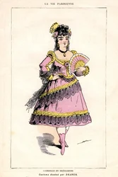 Illustratie van "La Vie Parisienne", toneelstuk en opera (opera-spijs) van Jacques Offenbach op een libretto van Ludovic Halevy en Henri (Henry) Meilhac, boekuitgave door Boekhandel Illustree 1875 - Gabrielle in Bresilienne: kostuum getekend door Draner (1