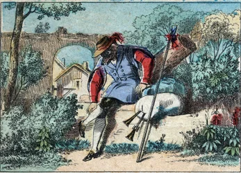 Illustratie van de fabel door Jean de la Fontaine (1621-1695): de wolf werd een herder. Epinal imaging eind 19e eeuw.