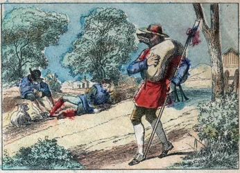 Illustratie van de fabel door Jean de la Fontaine (1621-1695): de wolf werd een herder. Epinal imaging eind 19e eeuw.
