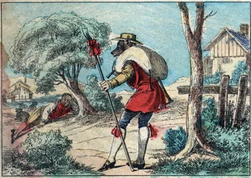 Illustratie van de fabel door Jean de la Fontaine: de wolf werd een herder. Epinal afbeelding eind 19e eeuw.