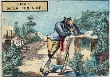 Illustratie van de fabel van Jean de la Fontaine: de wolf werd een herder. Epinal afbeelding eind 19e eeuw.