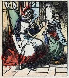 Illustratie van het verhaal "Raminagrobis en de muizen" Houtsnede van Imaging Pellerin - Epinal, sd. Eind 19e eeuw.