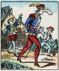 Illustratie van het verhaal "De avonturen van Grand Flandrin" Houtsnede van Imaging Pellerin - Epinal, sd. Eind 19e eeuw.