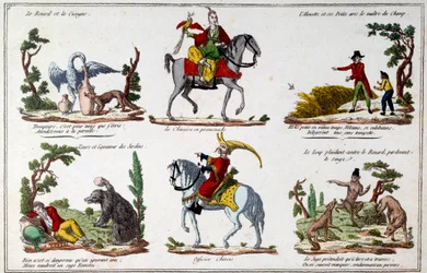 Illustratieplaat voor de fabels van Jean de La Fontaine: de Vos en de Ooievaar, de Chinese wandelaar, de beer en de tuinliefhebber, de Chinese officier. Gravure