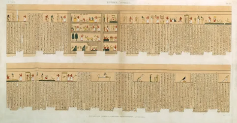 Illustraties van een Pampus-manuscript met hiërogliefen, Hypogees, Thebe, plaat 75 uit Vol II van `Beschrijvingen van Egypte`, gegraveerd door Willemin, uitgegeven 1822
