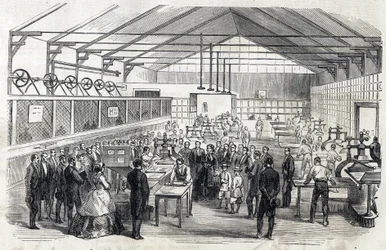 Keizerin Eugenie en de Keizerlijke Prins bezoeken de Banque de France, 23 juni 1866 - druk van bankbiljetten - gravure in Le MONDE Illustre DU 07/07/1866