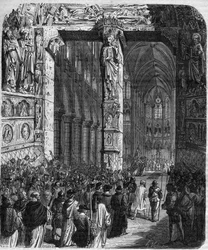 In Canossa, Keizer Hendrik IV van het Heilige Roomse Rijk in boetekleed smeekt om vergeving van Paus Gregorius VII. Uit Crimes of the Queen King and Emperors through the centuries door Mauri