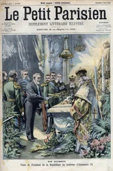 In Rusland: bezoek van president Emile Loubet (1838-1929) aan het graf van Alexander III (1845-1894), keizer van Rusland, in 