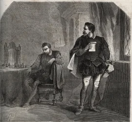 In een schaakspel met James Balfour ontvangt Jacques Hepburn, geliefde van koningin Mary I Stuart, een bericht van de koningin dat haar man Henry Stuart genaamd Lord Darnley informeert
