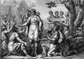 Inhuldiging van Pharamond (5e eeuw): kroning van de koning der Franken Pharamond (of Pharamun of Faramund of Paramund). Gravure uit de 18e eeuw.