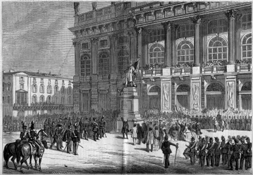 Inhuldiging van het Sardijnse monument door Vincenzo Vela (1820-1891), op het Kasteelplein in Turijn (Italië) op 10 april 1859. Achter het standbeeld staat het 