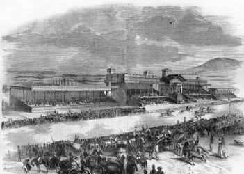 Inhuldiging van de paardenraces in het Bois de Boulogne in 1857.