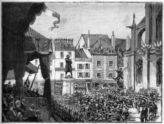Inhuldiging van het standbeeld van Honoré Gabriel Riqueti, Graaf van Mirabeau (1749-1791) Frans revolutionair, op Place Ducerceau in Montargis in 1888.