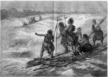 Indianen van Canada, staande op samengebonden boomtakken, dalen de Long Sault Rapids af op de St. Lawrence River
