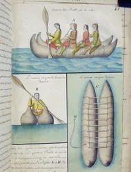 Indianen van de Zuidzee die boten genaamd Balds gebruiken