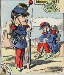 Infanterielinie. Gravure in "Comic Military Alphabet". Vijfde serie. Epinal beeld, eind 19e eeuw