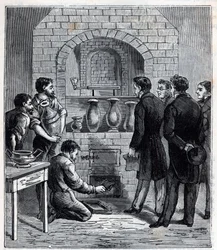 Installatie van de pyrometer door Alexandre Brongniart (1770-1847), Franse wetenschapper bij de fabriek van Sèvres - Gravure in 