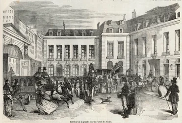 Interieur van de grote binnenplaats van het postkantoor in Parijs - Gravure in 