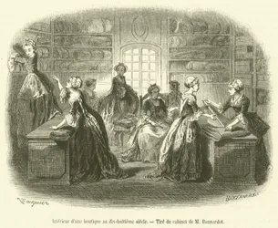 Interieur van een winkel in de achttiende eeuw (gravure)