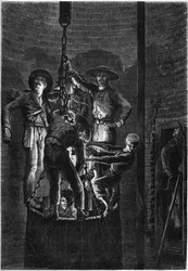 Interieur van een kolenmijnschacht: opkomst van de container. 1861. Gravure in 
